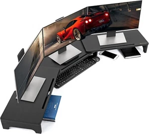 Monitorständer Erhöhung, 60 Zoll groß Bambus Dual Monitorständer für Schreibtisch 3 Ablagen - Bild 1 von 8