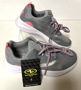 Athletic Works Girl’s Active Sneakers Shoes w/Memory Foam; Grey/Pink, Size 1 - Picture 1 of 8