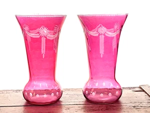 Antique Bohemian Cranberry Swirl Cut Glass Vase 10" Tall Set Of 2 (20D) - Picture 1 of 7