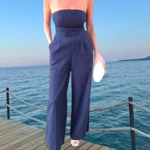 $69.90 ZARA STUNNING NAVY BLUE STRAPLESS LINEN WIDE LEG POCKETS JUMPSUIT sz S - Picture 1 of 9