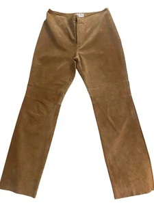 Pantalones de cuero de gamuza genuina Live A Little color tostado forrados pierna recta para mujer talla 12” - Imagen 1 de 11