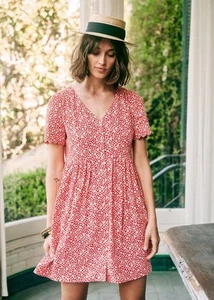 Sezane Morgenmantel Kleid rot Blumen Punkte Polka Damen Viskose Größe 38 - Bild 1 von 23