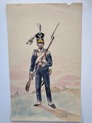 Antique 19th C French Gouache Painting on Paper Napoleonic Military Uniform 5x9 - Image 1 of 4