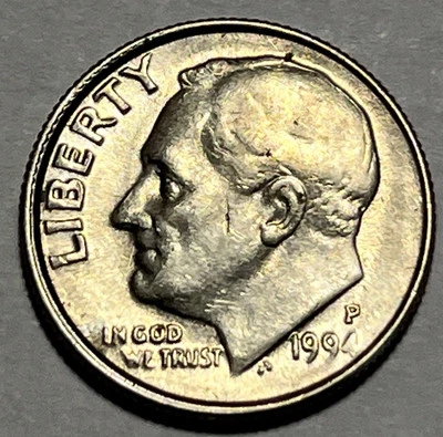 1994P Dime Errors Off Center Double Rim Faint Date Letters Die Cracks on Face - Image 1 of 4