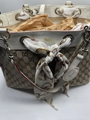 Gucci White Original GG Canvas Positano Tote with Silk Gucci Scarf  - Image 1 of 4