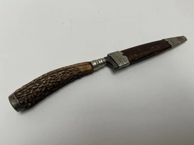 Antique 1914 Bavarian Rostfrei Letter Opener Antler Handle w/ Leather Sheath - Image 1 of 4