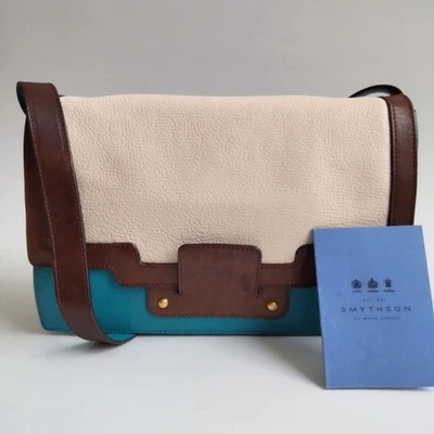Smythson leather shoulder bag with flap in blue, brown and white made in Italy - Image 1 of 4