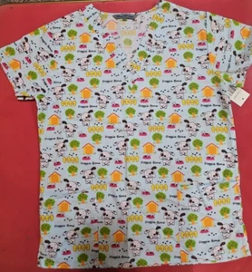 New Medical Uniform Scrubs Top Blue Doggie Bone Puppy Apple Tree V-neck Pockets - Picture 1 of 21