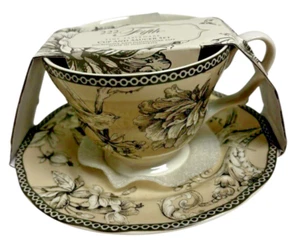 222 Fifth Adelaide Grey Porcelain Cup & Saucer Set Bird & Floral New - Picture 1 of 5