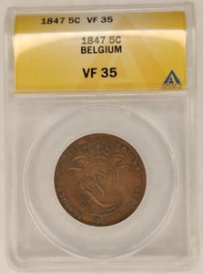 1847 Belgium Copper 5 Centimes 5C. Coin VF35 ANACS Leopold I Seated Lion 2A - Picture 1 of 4
