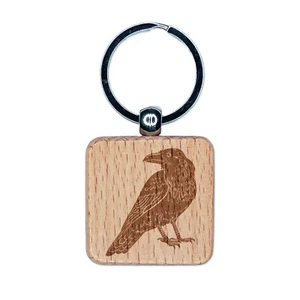 Elegant Black Raven Engraved Wood Square Keychain Tag Charm - Picture 1 of 6