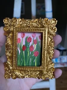 Flowers,tulips,gold,Original Painting 3/3,5 artwork,framed,miniature,small - Picture 1 of 7
