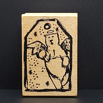 Etiqueta de presente de Natal magenta urso polar anjo nevado carimbo de borracha montado em madeira - Imagem 1 de 4