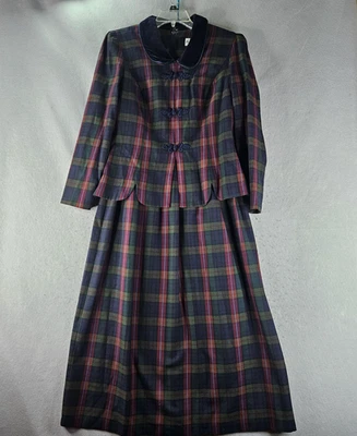 Traje Falda Plaza South Vintage Mujer 12 Verde Marino Cuello Terciopelo Cuadros Años 90 Foto 1 de 4