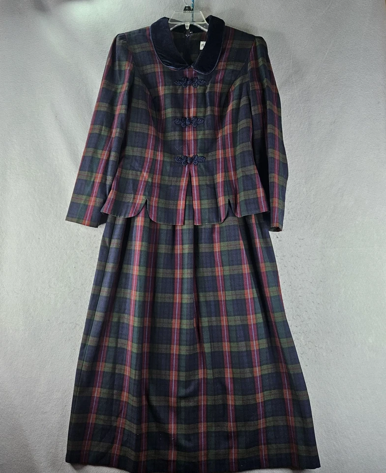 Traje Falda Plaza South Vintage Mujer 12 Verde Marino Cuello Terciopelo Cuadros Años 90 Foto 1 de 4