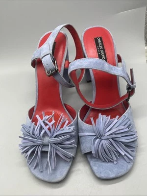 Charles Jourdan Paris Salto Bloco Azul Denim Couro Camurça Vermelho Novo Sem Caixa Tamanho 9.5 - Imagem 1 de 4