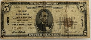 1929 $5 NATL CURRENCY, NATIONAL BANK OF CLARKSBURG, WV CH# 7029 FINE, EDGE SPLIT - Picture 1 of 2