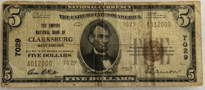 1929 $5 NATL CURRENCY, NATIONAL BANK OF CLARKSBURG, WV CH# 7029 FINE, EDGE SPLIT - Image 1 of 2
