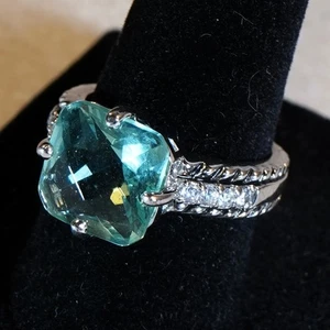 Large Cushion-Cut Aqua Blue CZ 925 Silver Ring - Picture 1 of 3