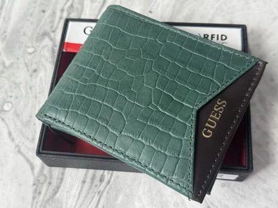 Wallet Guess Men Green Brown Trifold RFID Protection Gift Box MSRP $42 - Image 1 of 4