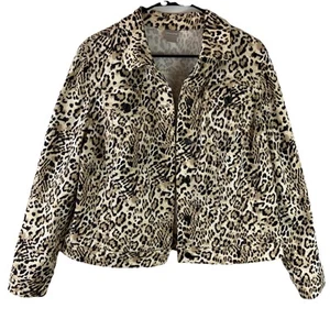 Chico's Cheetah Print Denim Stretch Jacket Size 2 Large 12/14 Button Down - Picture 1 of 6