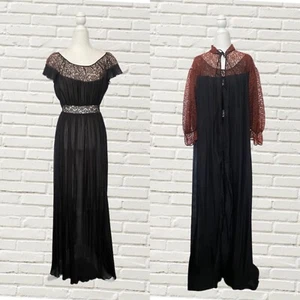 Vintage 40s Barbizon Peignoir Robe And Maxi Slip Set Black Pleated W Lace S - Picture 1 of 14