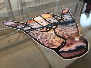 Hang Loose Good Vibes Surfing Beach Scenic Sunset Sticker Decal Shaka ten 10 - Picture 1 of 12