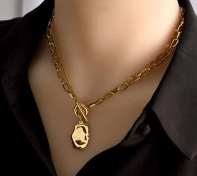 Collar de cadena doble clip moneda oro acero inoxidable titanio mujer 20" Foto 1 de 4