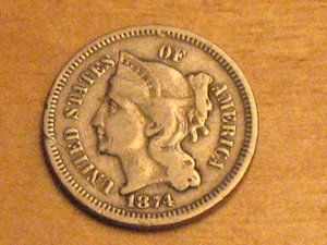 US Three Cent Piece 1874 Nickle Coin Circulated Not Cleaned #8681211325 - Picture 1 of 4