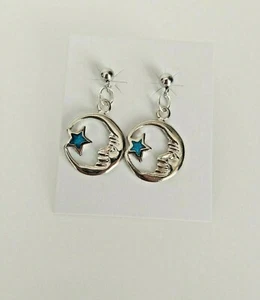 SILVER-TONE WESTERN STYLE EARRINGS DANGLING POSTS MOON & STAR - Picture 1 of 2