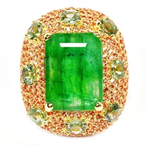 925 STERLING SILVER NATURAL GREEN EMERALD & MULTI COLOR SAPPHIRE  RING SIZE 8 - Picture 1 of 6