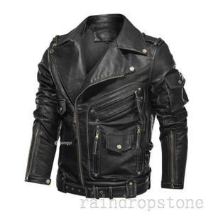 Fashion Men's Jacket Motorcycle Winter PU Leather Jacket Zip Casual Pocket Coat - Picture 1 of 25