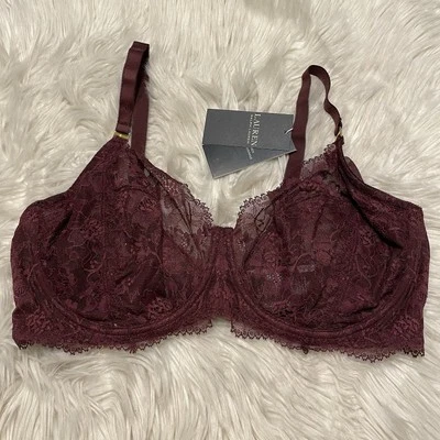 Sujetador Lauren Ralph Lauren 38DD Púrpura Encaje Sin Forro Cobertura Completa Transparente NUEVO Foto 1 de 4