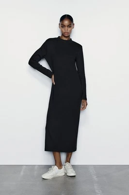 ZARA BLACK RIB KNIT LONG MIDI MAXI MOCK HIGH NECK PULLOVER DRESS  1044/635 SMALL - Image 1 of 4