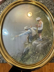 VTG Home Interiors Gold Oval Frame Dad & Son Fishing Uncle Nephew Boy Classic - Picture 1 of 10