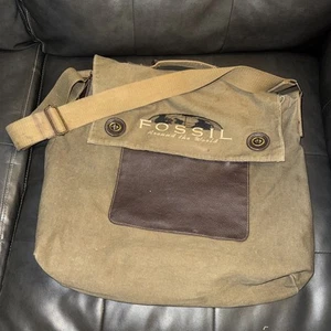 Fossil Canvas Satchel Tote Tan Brown Faux Leather Trim Vintage Rare Large Bag - Picture 1 of 13