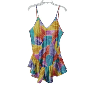 Vintage 80er 90er Babydoll Rüschen Cami Slip L Dessous Pinselstriche Regenbogen rot - Bild 1 von 5