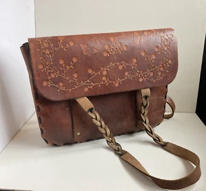 Vintage Tooled Leather Messenger Bag Purse Brown Crossbody - Picture 1 of 18