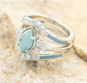 3 Piece Ring Set Multilayer Turquoise Ring With Delicate Moissanite Healing Ring - Picture 1 of 5
