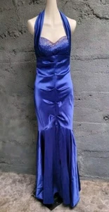 Y2K blau Satin formell Neckholder Meerjungfrau Kleid Gr. 3/4 Blondie Nites Ballkleid Vintage - Bild 1 von 14
