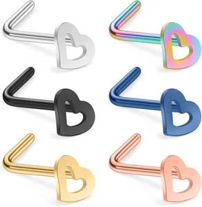 20G 18G Surgical Steel Heart Nose Stud Rings L Shaped Piercing Jewelry 3-6PCS - Picture 1 of 8