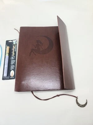 Large Grimoire Leather Journal Binder Moon Journal Blank spell Black Page + Pen - Image 1 of 4