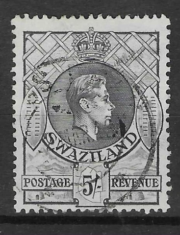 SWAZILAND 1938-54. 5/- PERF 13 1/2 x 13. FINE USED. SG. 37. CAT. £26.00.  (7082) Cover