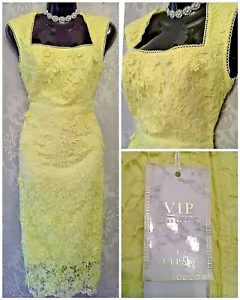 Lipsy VIP Yellow Bodycon Midi Dress 12 Party Occasion Wedding Embroidered Summer - Picture 1 of 24