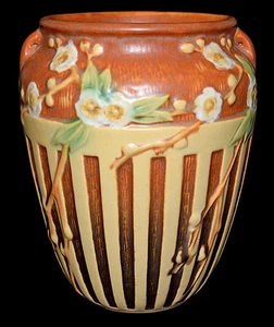 ROSEVILLE Cherry Blossom Brown and Cream Lattice Decoration 7 1/8 In Vase - Picture 1 of 4