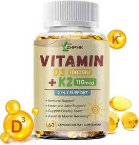 2 in 1 Vitamin K2 with D3 10000 IU Supplement, BioPerine Capsules, Immune Health - Picture 1 of 12