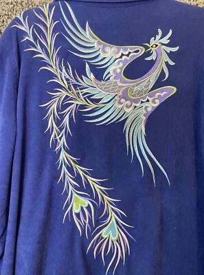 Chaqueta Bob Mackie 2X Usable Arte Bordado Phoenix Azul Imitación Gamuza Cremallera Completa Foto 1 de 4