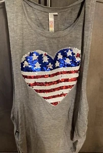 NWOT MALIBU SUGAR GIRLS FLIP SEQUINS HEART AMERICAN FLAG GRAY TANK SHIRT XL, 14 - Picture 1 of 8