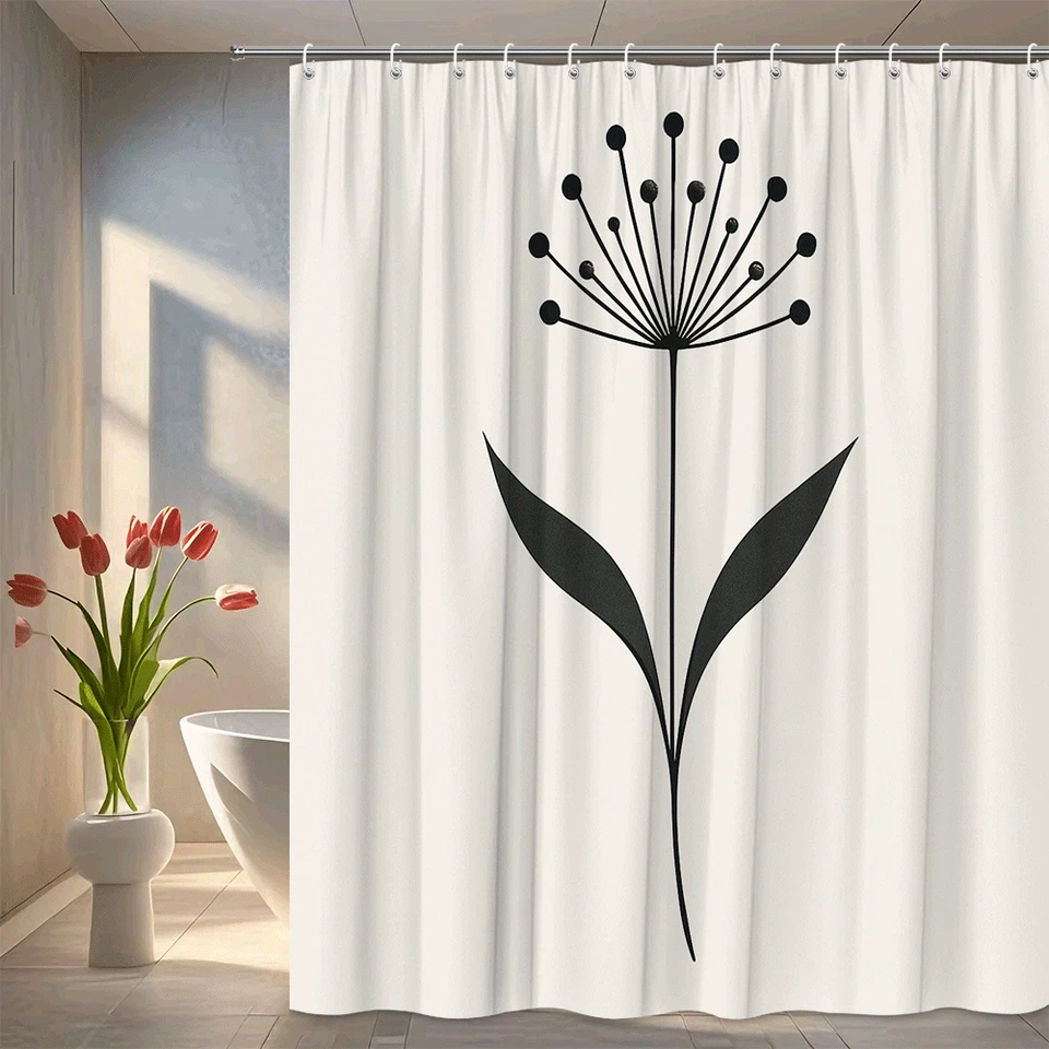 Elegante cortina de ducha con flores negras para decoración de baño minimalista Foto 1 de 4