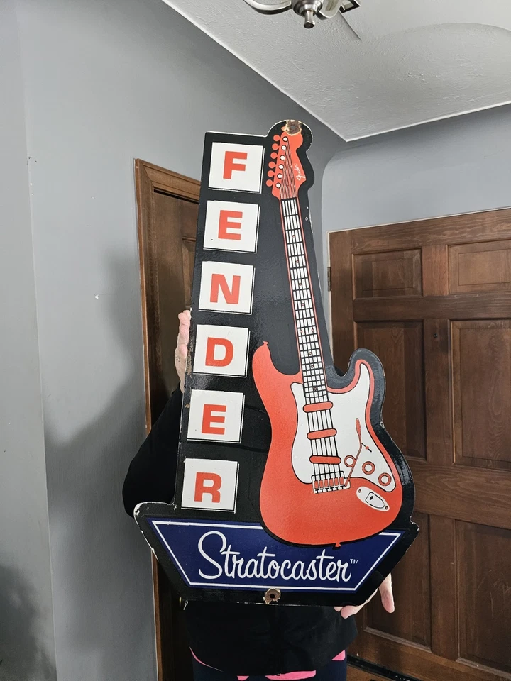 LARGE VINTAGE 1954 FENDER STRATOCASTER PORCELAIN SIGN 30" NICE DEALER STORE SIGN - Image 1 of 4